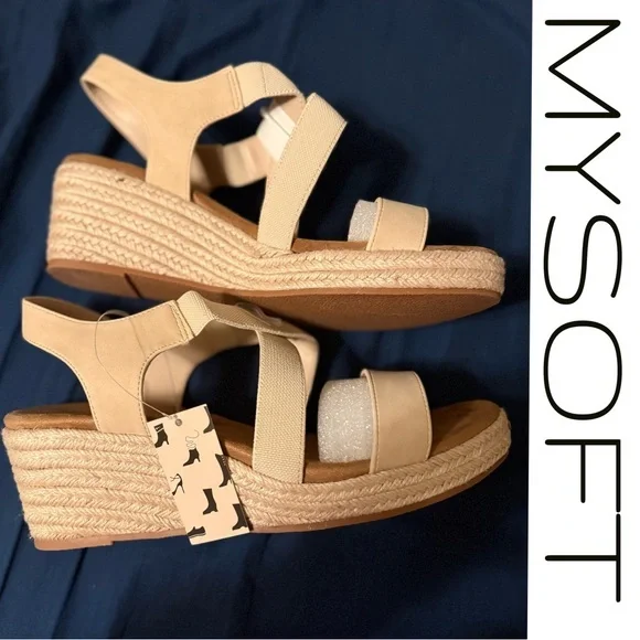 NWT MySoft Beige Cream Brown Feminine Elastic Strap Wedge Sandals – Size 11 - Picture 2 of 6